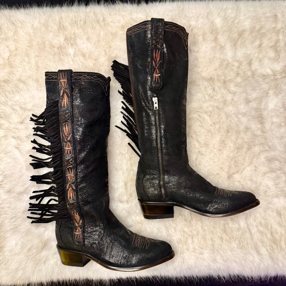 Old Gringo Black Leather Fringe Embroidered Heeled Boots